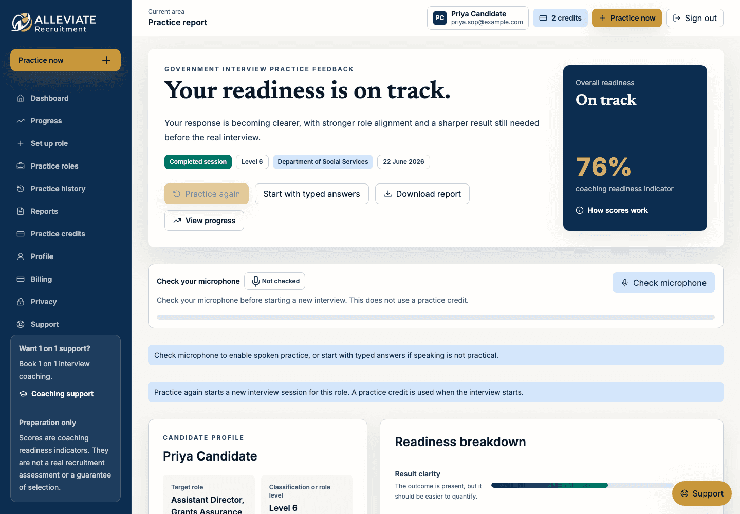 Practice report showing readiness and report actions.